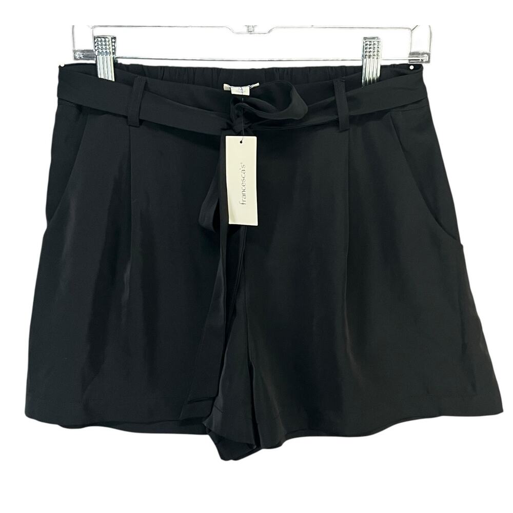 Francesca Blue Rain Shorts Women M Black Satin Tie Waist Pockets Modern Boutique